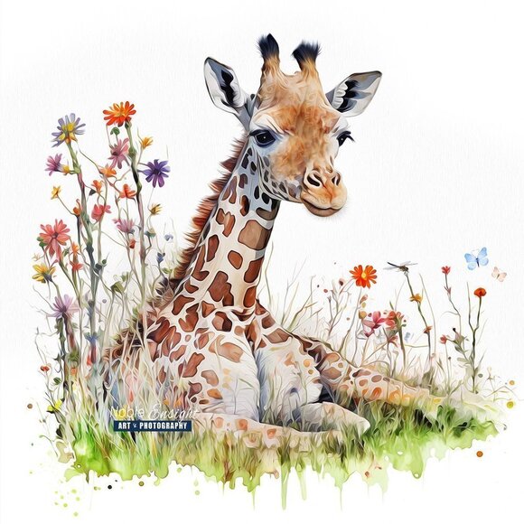 16x20‎ Giraffe Resting Wildflowers Dragonfly Watercolor Oil Painting Art Print - Picture 2 of 6